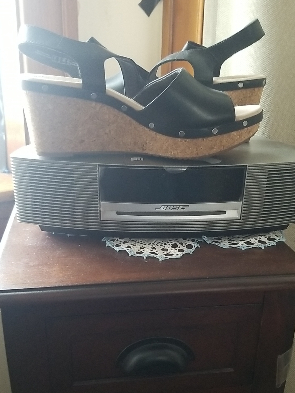 Clarks Black Leather Cork Wedge Sandals 11M